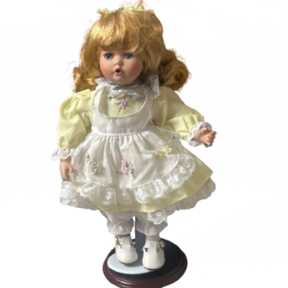 Vintage Porcelain Doll White Apron Yellow Blouse with Stand